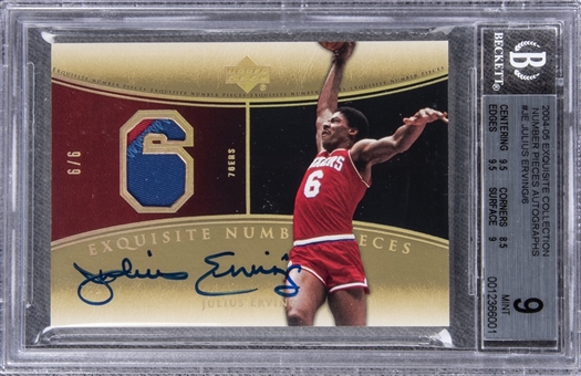2004-05 UD "Exquisite Collection" Number Piece Autographs #JE Julius Erving Signed Game Used Patch Card (#6/6) – BGS MINT 9/BGS 9 